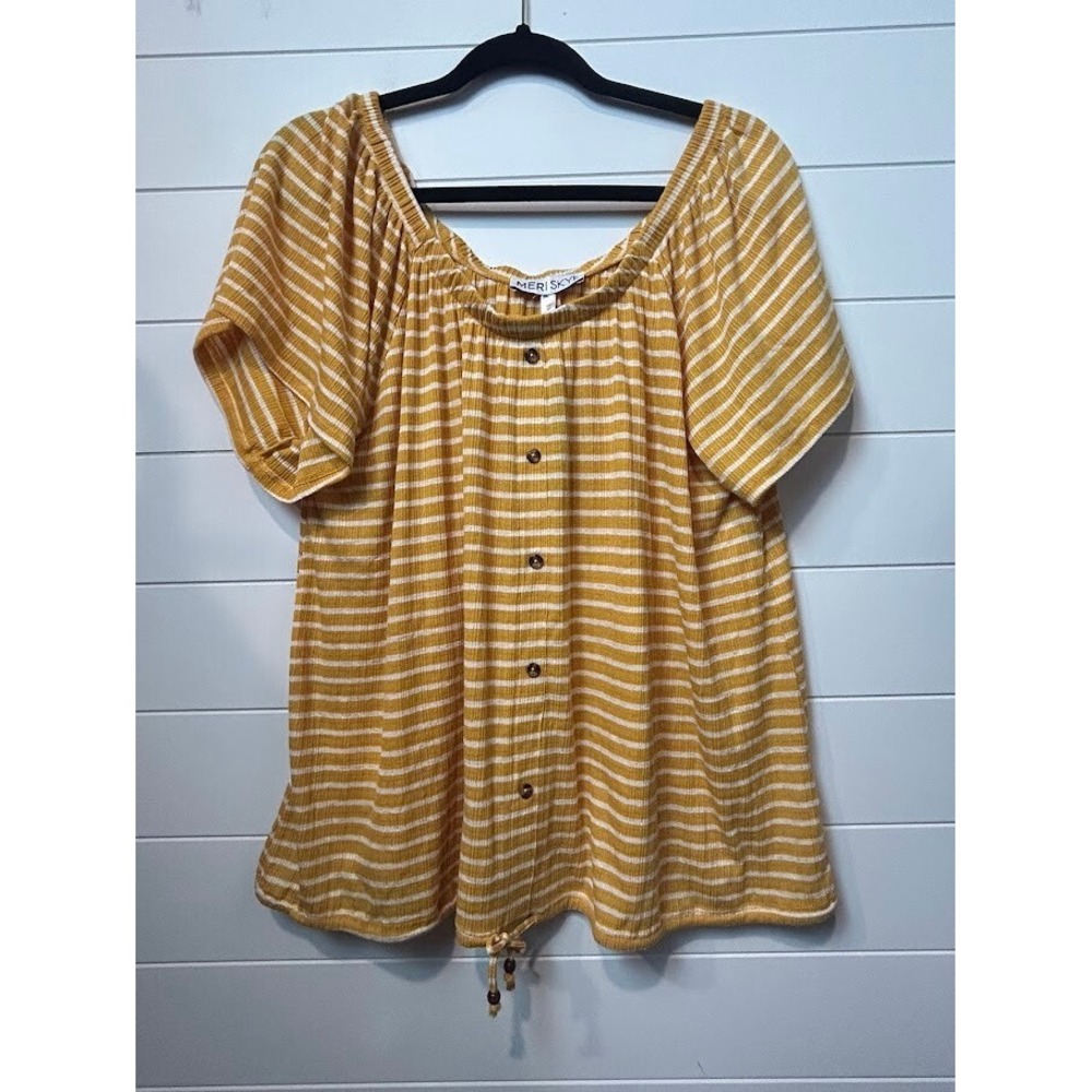 Meri Skye Top Women's‎ 2X Mustard Yellow White Stripe NWT